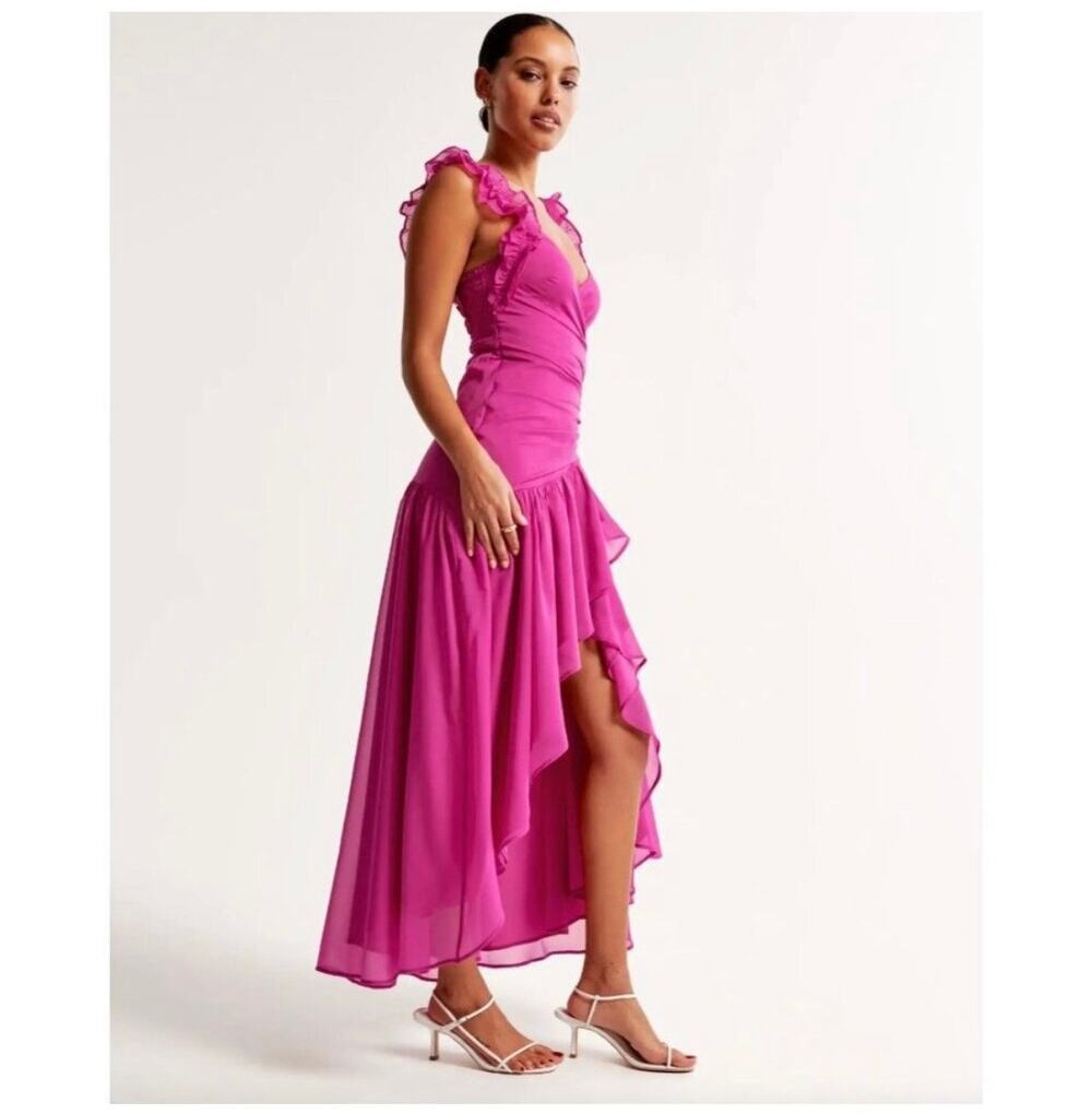 Abercrombie & Fitch Ruffle Strap High-Low Maxi Dress magenta